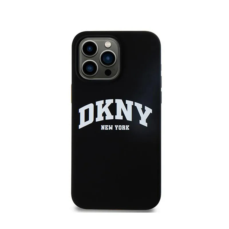 DKNY Liquid Silicone White Printed Logo MagSafe – dėklas, skirtas iPhone 14 Pro Max (juodas)