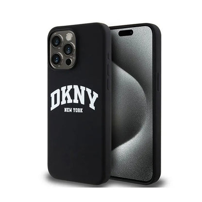 DKNY Liquid Silicone White Printed Logo MagSafe – dėklas, skirtas iPhone 14 Pro Max (juodas)