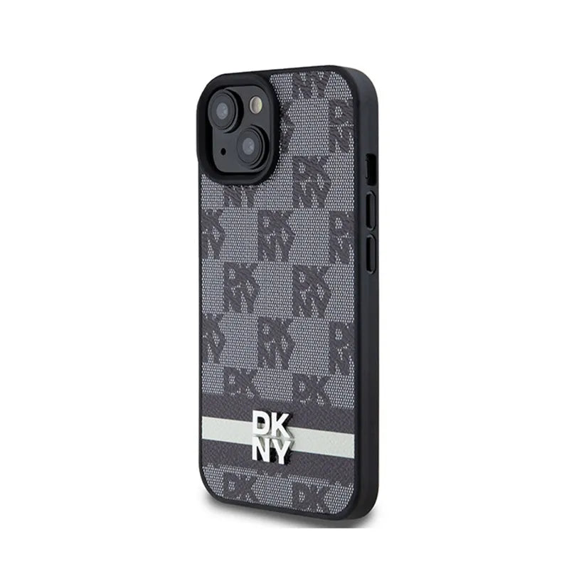 DKNY od karvės odos dėklas "Checkered Mono Pattern & Printed Stripes" – "iPhone 14" / 15 / 13 (juodas)