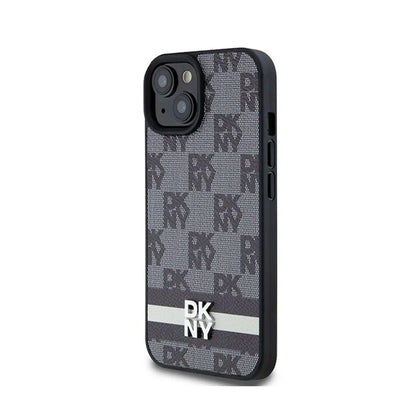 DKNY od karvės odos dėklas "Checkered Mono Pattern & Printed Stripes" – "iPhone 14" / 15 / 13 (juodas)