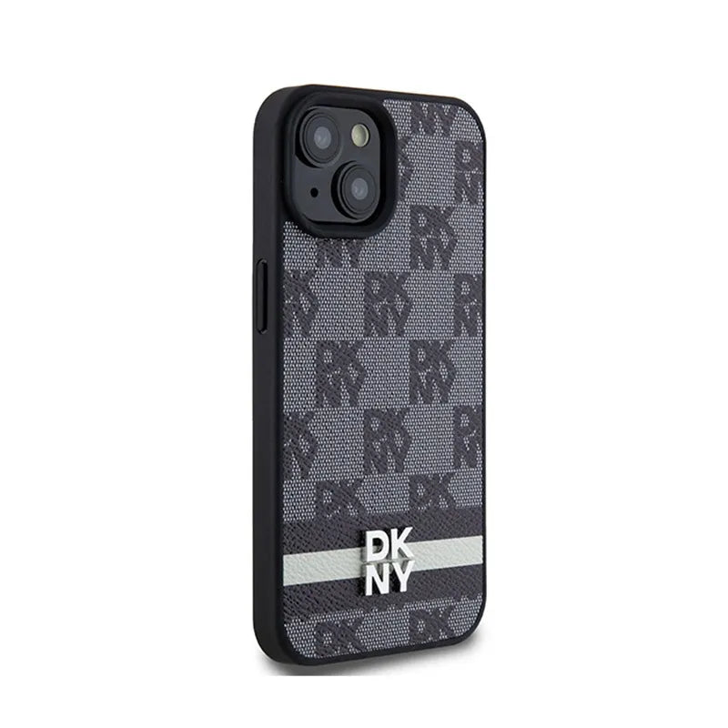 DKNY od karvės odos dėklas "Checkered Mono Pattern & Printed Stripes" – "iPhone 14" / 15 / 13 (juodas)