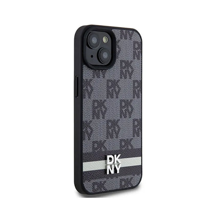DKNY od karvės odos dėklas "Checkered Mono Pattern & Printed Stripes" – "iPhone 14" / 15 / 13 (juodas)