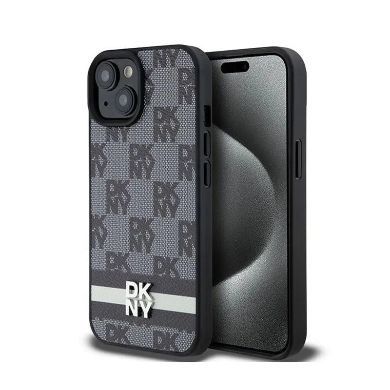 DKNY od karvės odos dėklas "Checkered Mono Pattern & Printed Stripes" – "iPhone 14" / 15 / 13 (juodas)