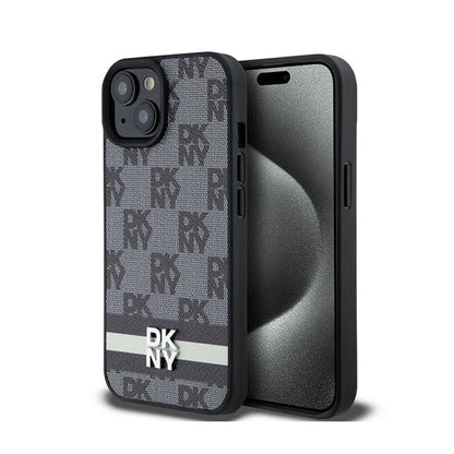 DKNY od karvės odos dėklas "Checkered Mono Pattern & Printed Stripes" – "iPhone 14" / 15 / 13 (juodas)