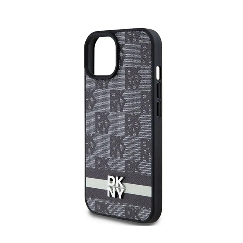 DKNY od karvės odos dėklas "Checkered Mono Pattern & Printed Stripes" – "iPhone 14" / 15 / 13 (juodas)