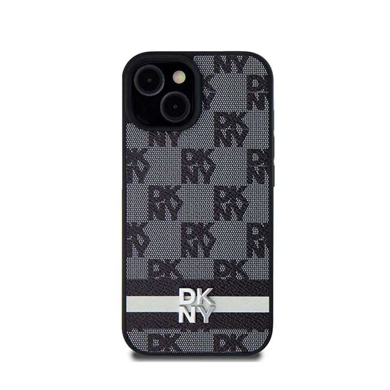 DKNY od karvės odos dėklas "Checkered Mono Pattern & Printed Stripes" – "iPhone 14" / 15 / 13 (juodas)