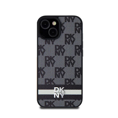 DKNY od karvės odos dėklas "Checkered Mono Pattern & Printed Stripes" – "iPhone 14" / 15 / 13 (juodas)