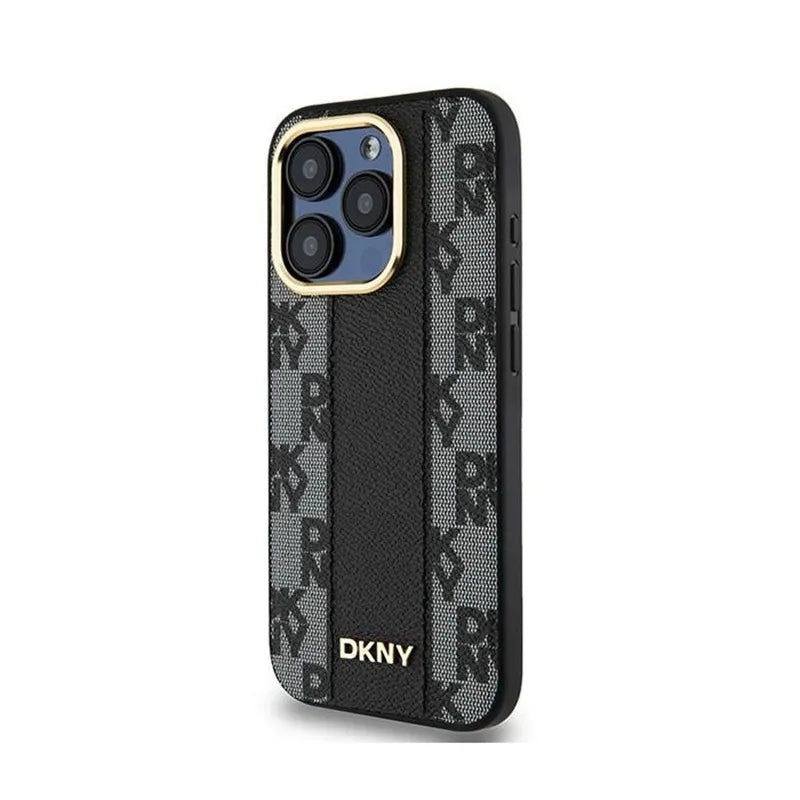 DKNY odinė languota „Mono Pattern MagSafe“ dėklas, skirtas „iPhone 15 Pro Max“ (juodas)