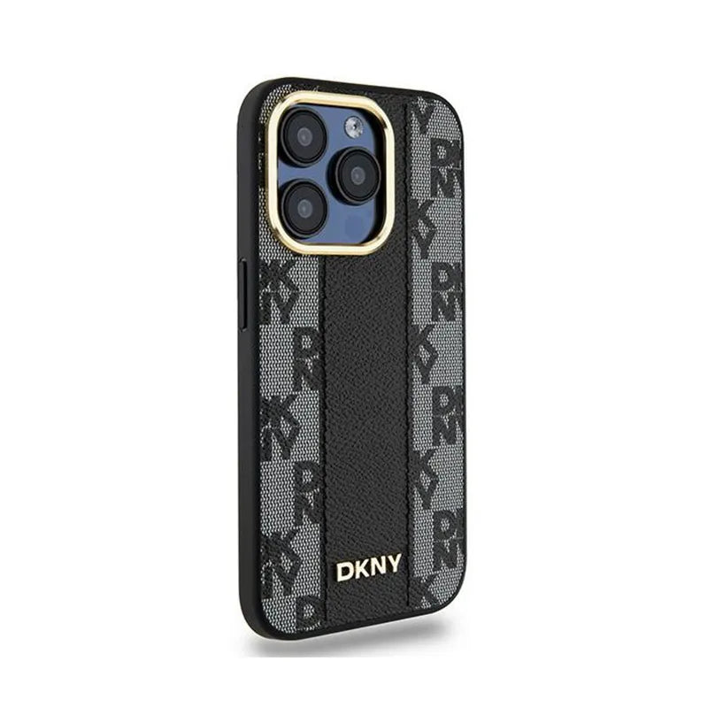 DKNY odinė languota „Mono Pattern MagSafe“ dėklas, skirtas „iPhone 15 Pro Max“ (juodas)