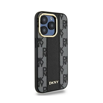 DKNY odinė languota „Mono Pattern MagSafe“ dėklas, skirtas „iPhone 15 Pro Max“ (juodas)