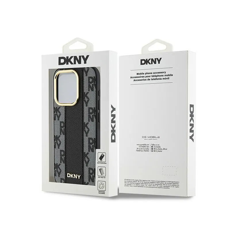 DKNY odinė languota „Mono Pattern MagSafe“ dėklas, skirtas „iPhone 15 Pro Max“ (juodas)