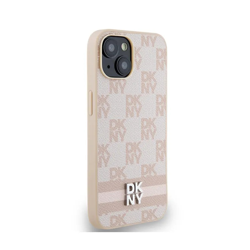 DKNY Odinė languota vienspalvė ir spausdinta juostelė – dėklas iPhone 14 / 15 / 13 (rožinis)