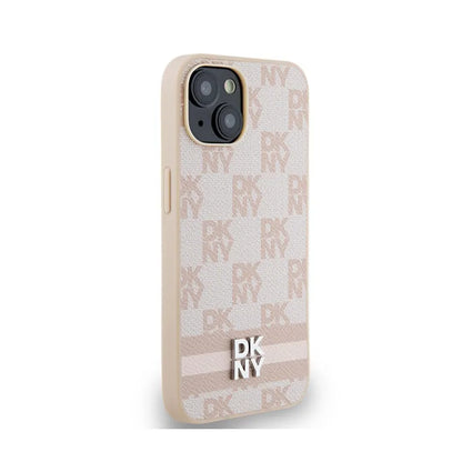 DKNY Odinė languota vienspalvė ir spausdinta juostelė – dėklas iPhone 14 / 15 / 13 (rožinis)