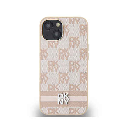 DKNY Odinė languota vienspalvė ir spausdinta juostelė – dėklas iPhone 14 / 15 / 13 (rožinis)