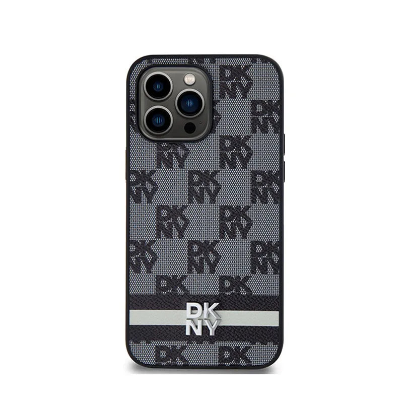 DKNY Odinis dėklas iPhone 14 Pro Max – Languotas vienspalvis raštas ir atspausdintos juostelės (juodas)