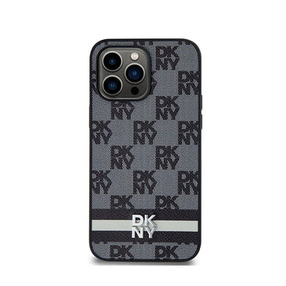 DKNY Odinis dėklas iPhone 14 Pro Max – Languotas vienspalvis raštas ir atspausdintos juostelės (juodas)