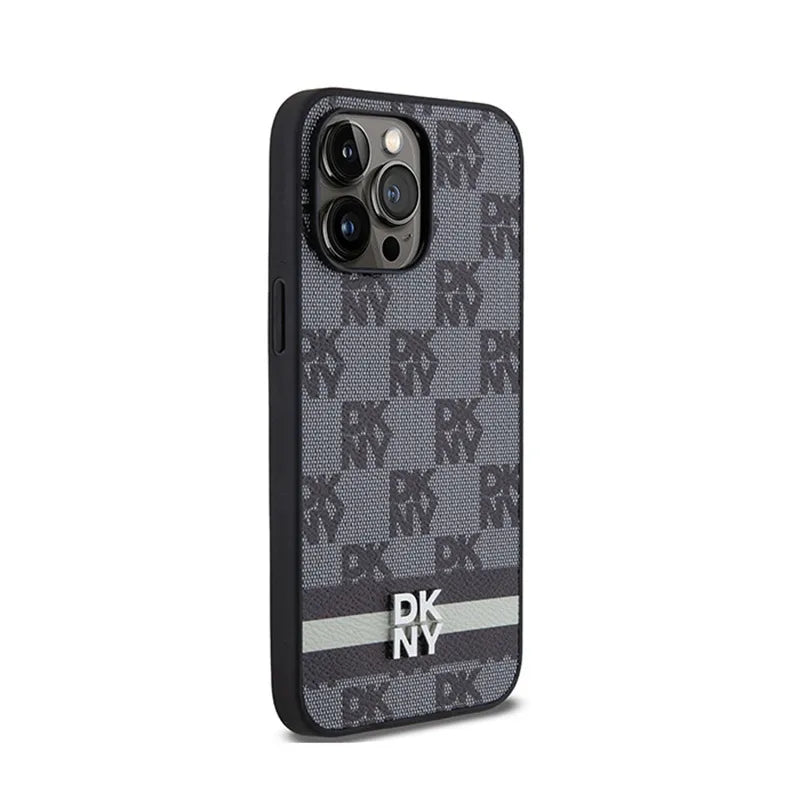 DKNY Odinis dėklas iPhone 14 Pro Max – Languotas vienspalvis raštas ir atspausdintos juostelės (juodas)