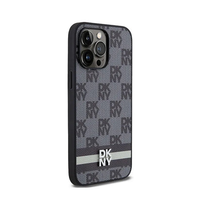 DKNY Odinis dėklas iPhone 14 Pro Max – Languotas vienspalvis raštas ir atspausdintos juostelės (juodas)