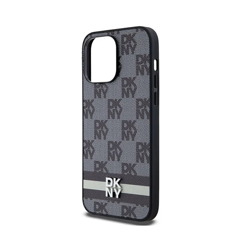 DKNY Odinis dėklas iPhone 14 Pro Max – Languotas vienspalvis raštas ir atspausdintos juostelės (juodas)