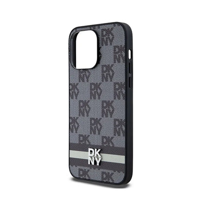 DKNY Odinis dėklas iPhone 14 Pro Max – Languotas vienspalvis raštas ir atspausdintos juostelės (juodas)