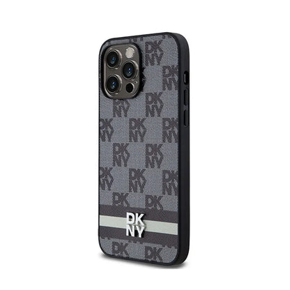 DKNY Odinis dėklas iPhone 14 Pro Max – Languotas vienspalvis raštas ir atspausdintos juostelės (juodas)