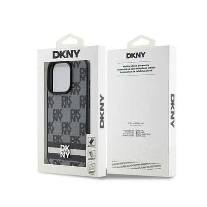 DKNY Odinis dėklas iPhone 15 Pro su langelių monoraštu ir spausdintomis juostelėmis (juodas)