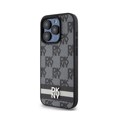 DKNY Odinis dėklas iPhone 15 Pro su langelių monoraštu ir spausdintomis juostelėmis (juodas)