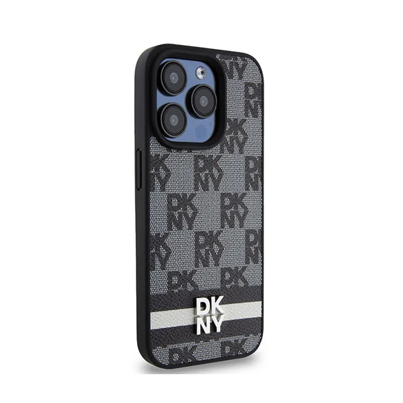 DKNY Odinis dėklas iPhone 15 Pro su langelių monoraštu ir spausdintomis juostelėmis (juodas)