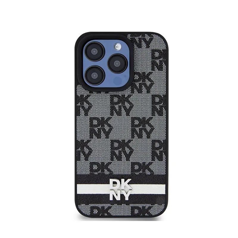DKNY Odinis dėklas iPhone 15 Pro su langelių monoraštu ir spausdintomis juostelėmis (juodas)