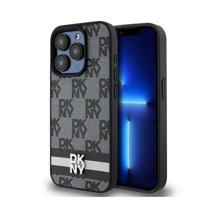 DKNY Odinis dėklas iPhone 15 Pro su langelių monoraštu ir spausdintomis juostelėmis (juodas)
