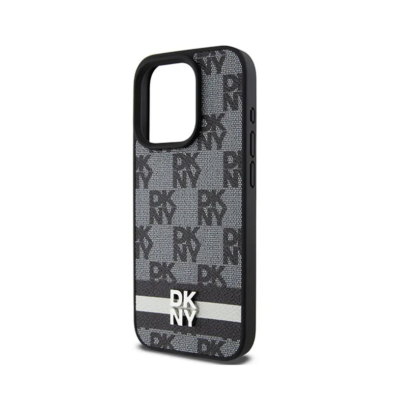 DKNY Odinis dėklas iPhone 15 Pro su langelių monoraštu ir spausdintomis juostelėmis (juodas)