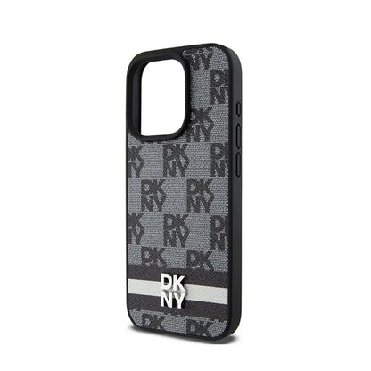 DKNY Odinis dėklas iPhone 15 Pro su langelių monoraštu ir spausdintomis juostelėmis (juodas)