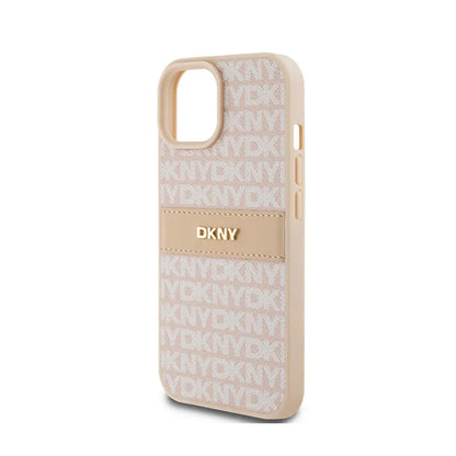 DKNY odinis dėklas „Mono Stripe & Metal Logo“, skirtas „iPhone 15 / 14 / 13“ (rožinis)