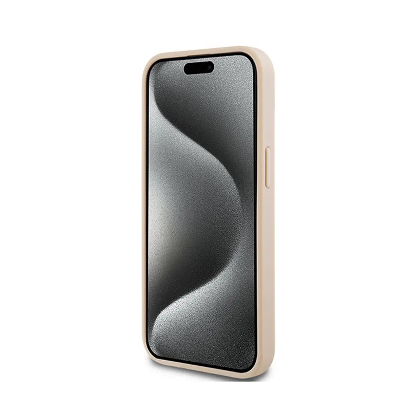 DKNY Odinis dėklas su dryžiais ir metaliniu logotipu – „iPhone 15 Plus“ / „14 Plus“ dėklas (rožinis)