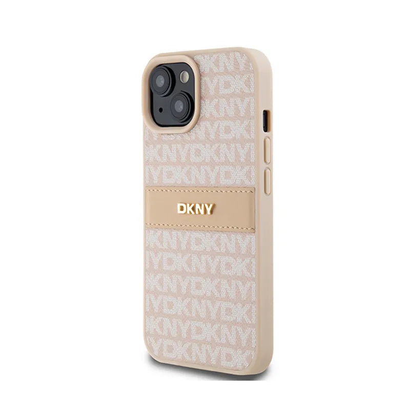 DKNY Odinis dėklas su dryžiais ir metaliniu logotipu – „iPhone 15 Plus“ / „14 Plus“ dėklas (rožinis)