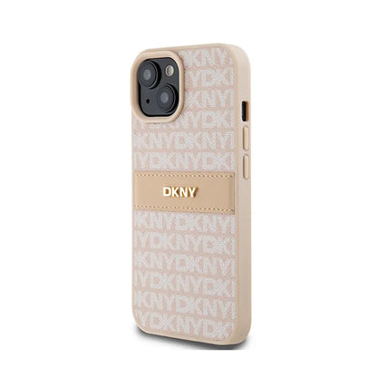 DKNY Odinis dėklas su dryžiais ir metaliniu logotipu – „iPhone 15 Plus“ / „14 Plus“ dėklas (rožinis)