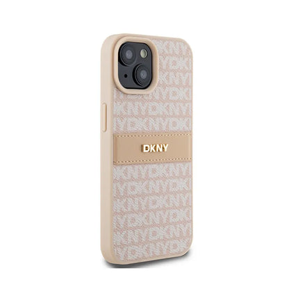 DKNY Odinis dėklas su dryžiais ir metaliniu logotipu – „iPhone 15 Plus“ / „14 Plus“ dėklas (rožinis)