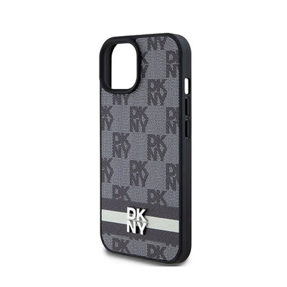 DKNY Odinis dėklas su languotu mono raštu ir atspausdintomis juostelėmis, skirtas iPhone 15 / 14 / 13 (juodas)