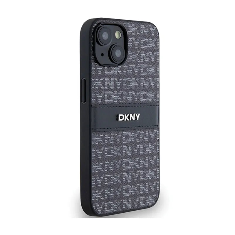 DKNY Odinis Dėklas su Mono Juostele ir Metaliniu Logotipu, skirtas iPhone 14 / 15 / 13 (juodas)
