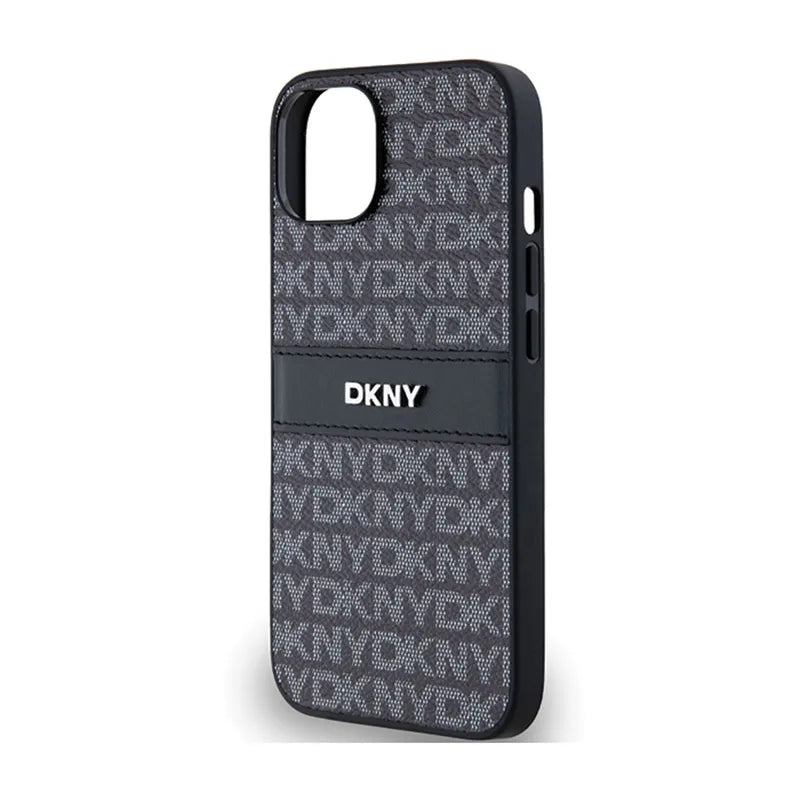 DKNY Odinis Dėklas su Mono Juostele ir Metaliniu Logotipu, skirtas iPhone 14 / 15 / 13 (juodas)