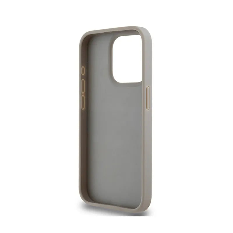 DKNY odinis dėklas su monogramine juosta ir metaliniu logotipu, skirtas iPhone 15 Pro Max (smėlio spalvos)