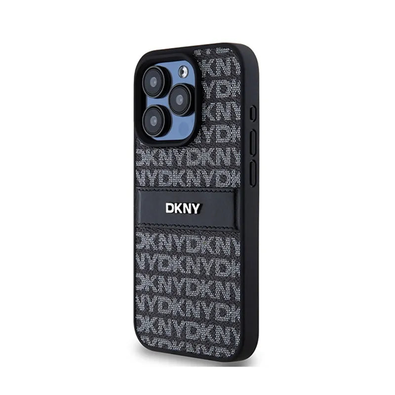 DKNY odinis dėklas su vienspalve juosta ir metaliniu logotipu – iPhone 15 Pro dėklas (juodas)