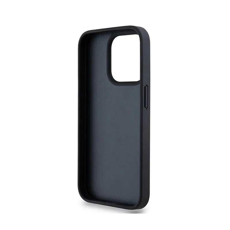 DKNY odinis dėklas su vienspalve juosta ir metaliniu logotipu – iPhone 15 Pro dėklas (juodas)