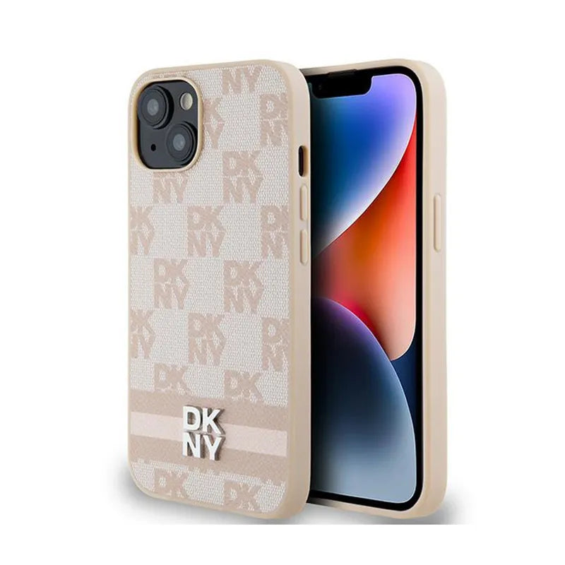 DKNY odinis languotas mono raštas ir spausdintos juostelės – dėklas skirtas iPhone 15 Plus / 14 Plus (rožinė)