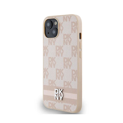 DKNY odinis languotas mono raštas ir spausdintos juostelės – dėklas skirtas iPhone 15 Plus / 14 Plus (rožinė)