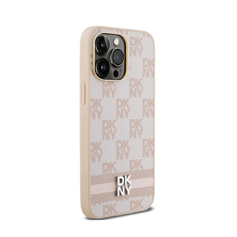 DKNY odinis languotas monogramos raštas ir margos juostelės – dėklas, skirtas „iPhone 14 Pro Max“ (rožinis)