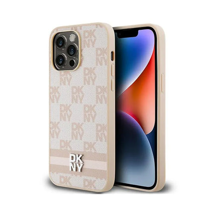 DKNY odinis languotas monogramos raštas ir margos juostelės – dėklas, skirtas „iPhone 14 Pro Max“ (rožinis)