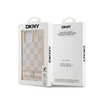 DKNY odinis languotas monogramos raštas ir margos juostelės – dėklas, skirtas „iPhone 14 Pro Max“ (rožinis)