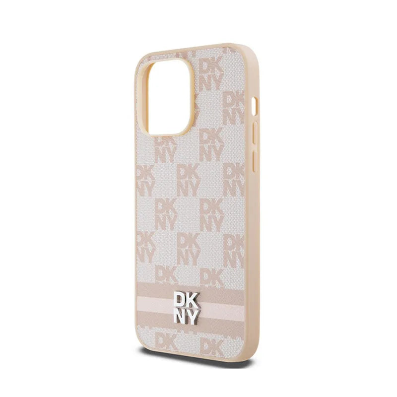 DKNY odinis languotas monogramos raštas ir margos juostelės – dėklas, skirtas „iPhone 14 Pro Max“ (rožinis)
