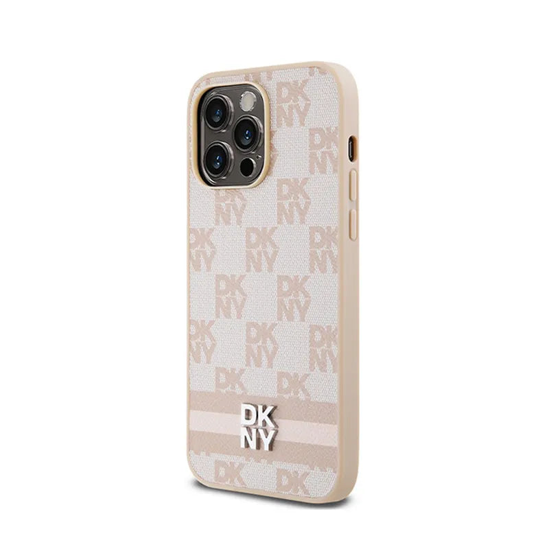DKNY odinis languotas monogramos raštas ir margos juostelės – dėklas, skirtas „iPhone 14 Pro Max“ (rožinis)